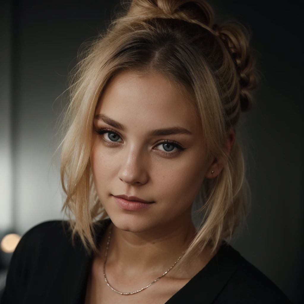 an eye contact of a blond with bun hair and dark theme