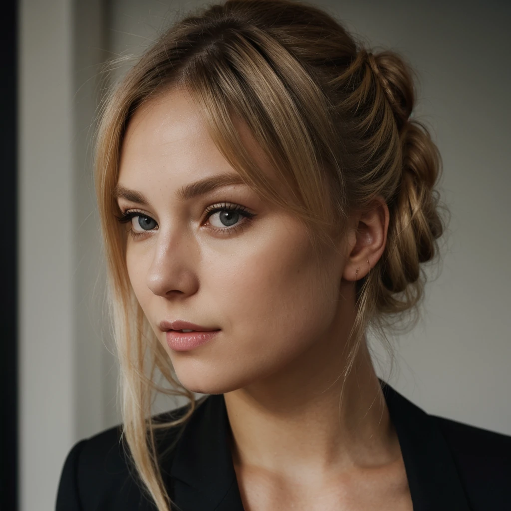 an eye contact of a blond with bun hair and dark theme