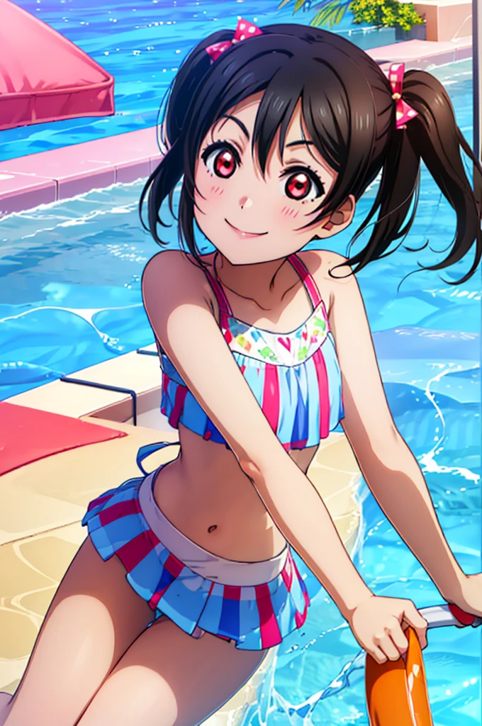 (((pixel-perfect, detail-perfect))), solo, 1girl, Nico yazawa, eyes red, smile, pool, bikini, flat filesize, ultra High Qality