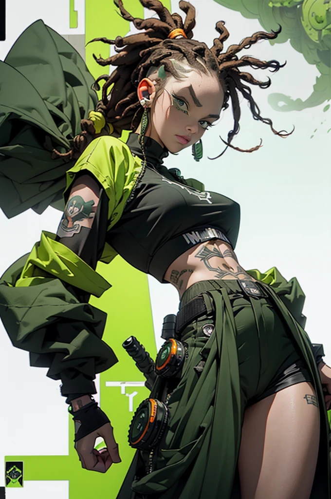 green: 1.5, orange: 1.1, white: 1.3, yellow: 1.3, (Rapper girl with dreadlocks), Post-apocalyptic world, tattoo, (powerpuff clothes: 1.2), Huge Machine, Mistborn, line, parts, Action pose