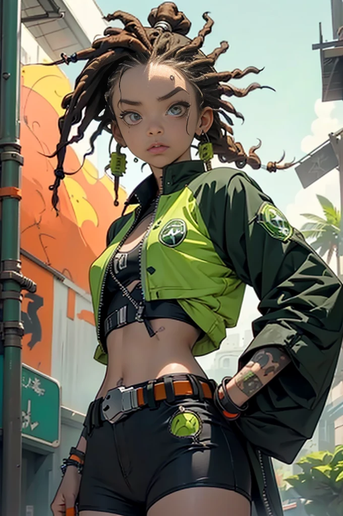 green:1.5, orange:1.1, white:1.3, yellow:1.3, (rapper with dread hair),tattoos, (power puffer clothes:1.2),abstract lines and circles background