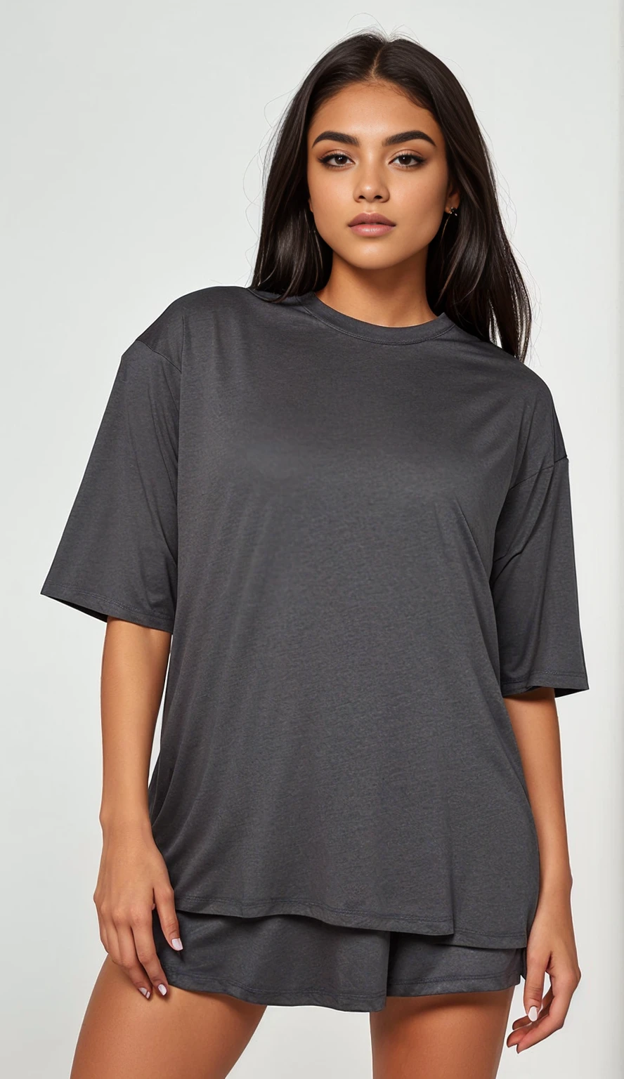 uma mulher vestindo uma camisa preta e shorts com uma blusa preta, vestindo uma camiseta preta, vestindo uma camiseta preta, vestindo camiseta preta, camiseta preta, camisa cinza, superdimensionado, black superdimensionado clothes, Roupa casual, vestindo uma camiseta, com ombreiras, vestindo uma camiseta e combate, vestindo uma camiseta muscular, modern Roupa casual
