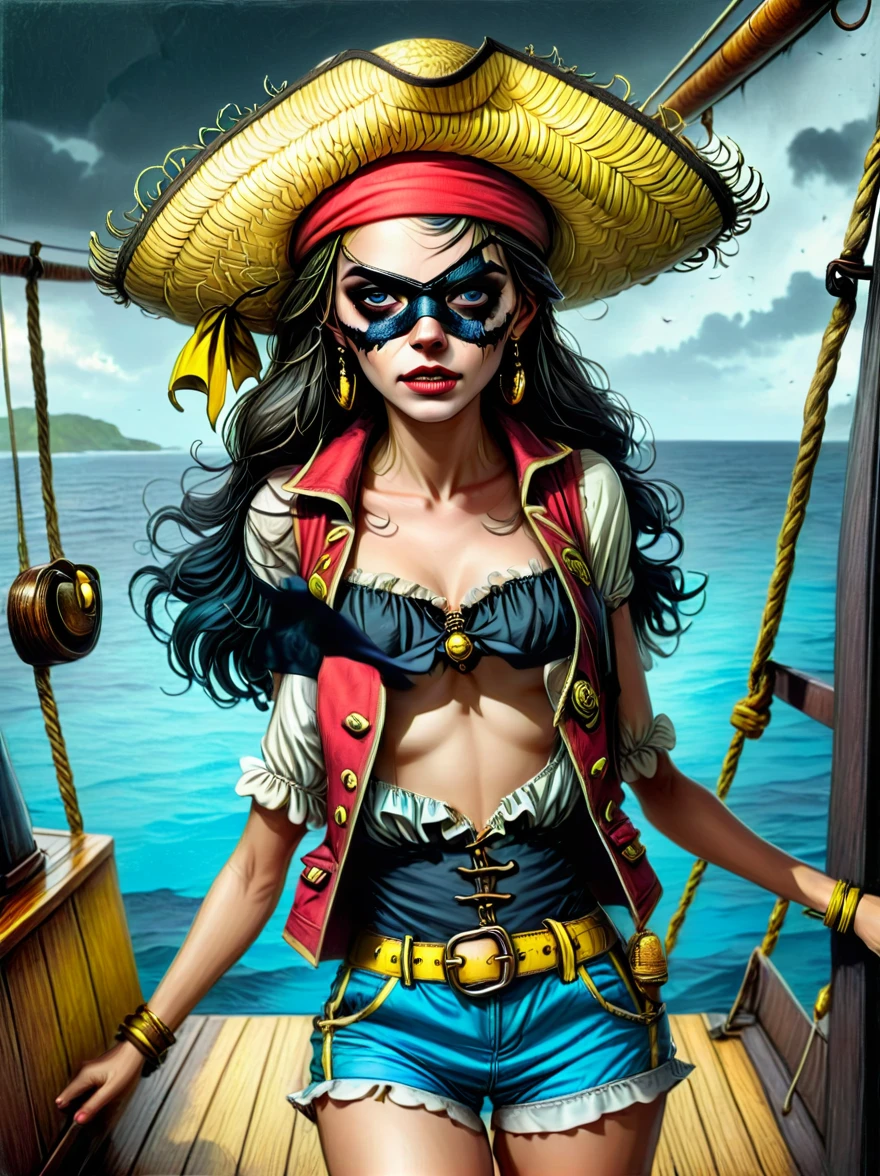 (whole body:1.3), 1 female captain, Wearing a straw hat, (Wearing a black eye mask), Rich expression, (gloomy), (Gothic horror), illustration, Red vest, Blue shorts, Yellow belt, Black sandals, (Strange), exaggerated, Caribbean Sea in the background,Boat deck,Dark theme elements, Pencil Sketch