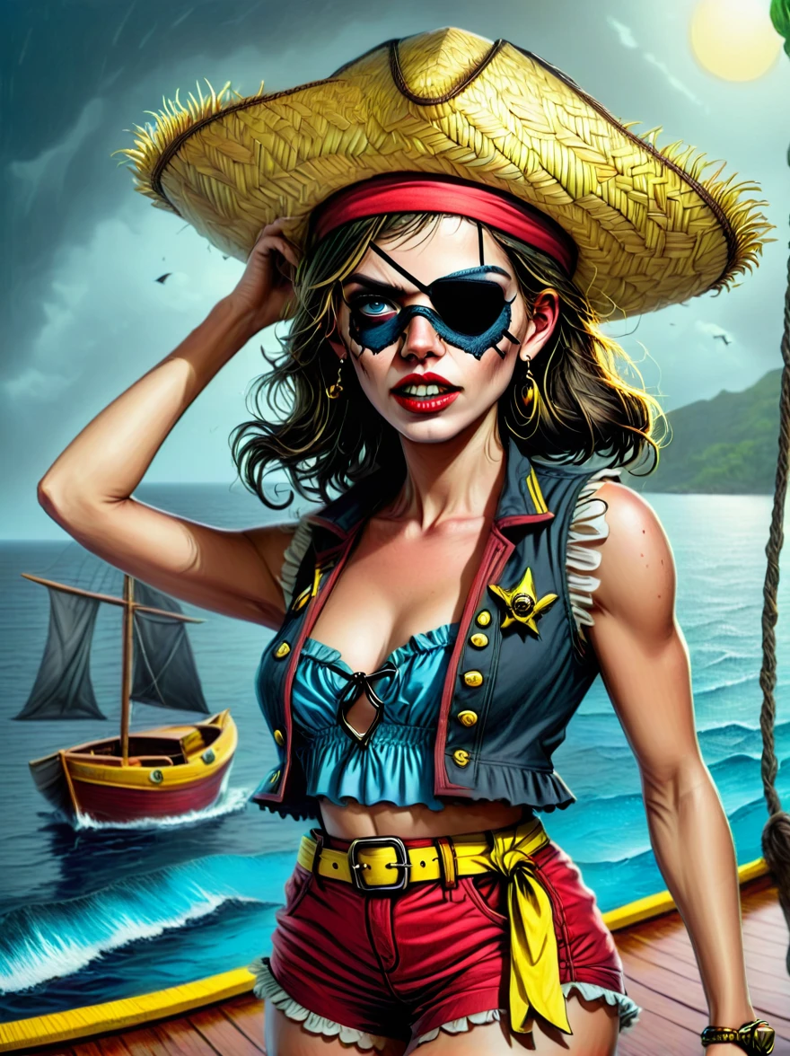 (SFW)Um desenho de uma mulher pirata, corpo inteiro, corpo delgado, Cabelos Longos, louros, muito bonita, audacious temperament and appearance, segurando uma adaga pingando sangue, on the deck of a pirate ship, Frank Frazetta, Illustration by Valerie of the Red Brotherhood, frank frazetta manga style, Katie , para pirata, Boris Vallejo, Katie, Frank Frazetta, Frazetta e Vallejo, The Art of Valerie, a pirata da irmandade vermelha, inspirado em Boris Vallejo
