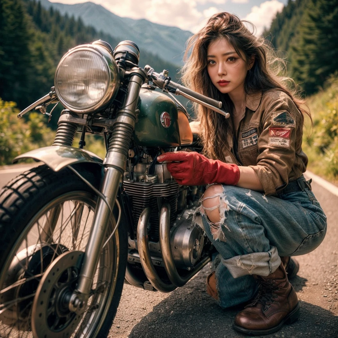1950s, cafe racer, Japanese woman, riders wear, beautiful face, torn pants, very intricate details, metallic paint, single road in wilderness, realistic photo, taken with Fuji film X-T30+Nokton. HDR10