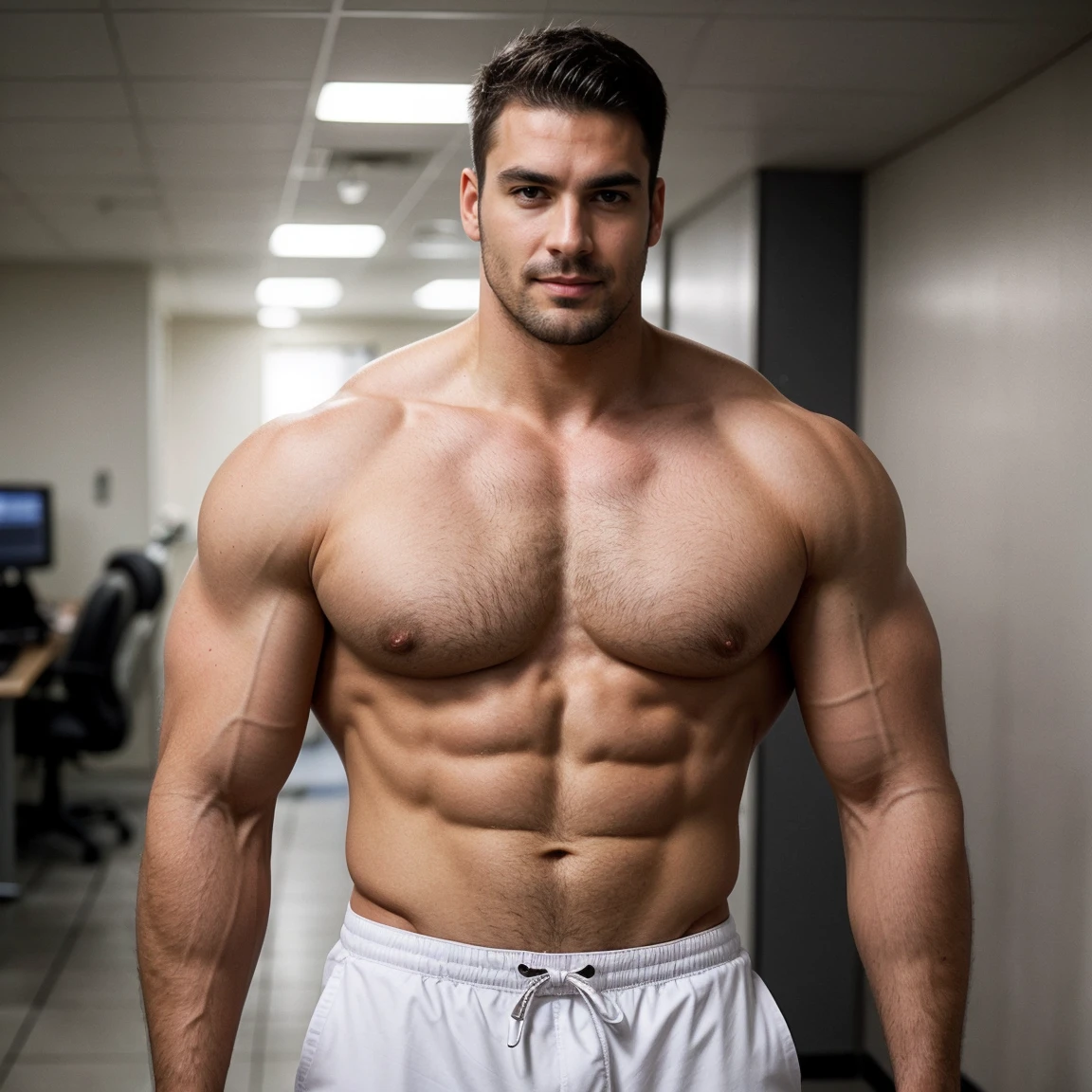 Create an image of a tall and muscular male veterinarian with a happy face, standing in a rich and luxurious clinic with money visible in the background. The vet should have one hand in his pocket, exuding a relaxed and confident demeanor. The image should be captured in a cinematic style, with dramatic lighting and a shallow depth of field to create a sense of depth and dimension, muscular huge body man, slightly unshaved, bodybuilder