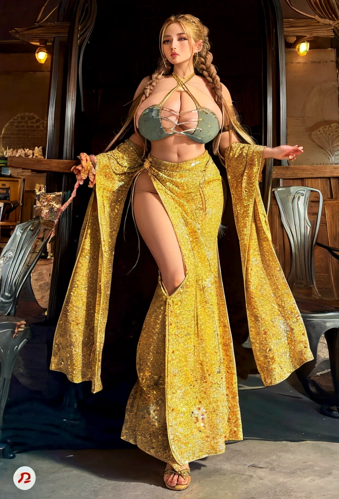 8k、Masterpiece、Full body view、Front view、Detailed warrior girl with huge armor full of details and ornaments,20age、Accurate anatomy、Perfect Body、Perfect Face、Rich blonde braids、Large Breasts、Cleavage、Curved waist、Big Ass、Fingers and toes5Book、Hand2Book、feet2Book