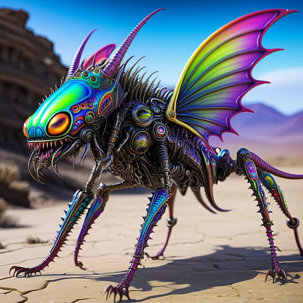 a small bizarre and strange looking part mechanical brightly coloured alien. Showing the entire, highly detailed body from the side. The entire picture is full of details.  Strange alien landscapes in the background. Big detailed wings and sharp teeth and fangs. a sharp abdominal stinger. tentacles and antennas and multiple eyes. long spiky legs. Scaley segmented body.  Hypnotic and telepathic and psychedelic looking. 