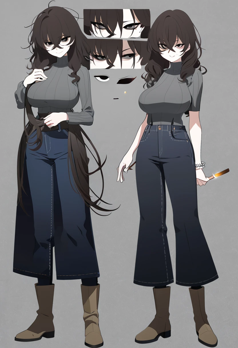 One Woman,Downer,older sister,Concept Art,Dark brown hair,Straight hair with slight inward curls,Staring eyes,Eye Ridge,black eye,Crossed bangs,whole body,smile,Larger breasts,Gray background,Bangs that reach down to the eyes,Messy hair,Tight dark jeans,Gray turtleneck sweater,Multiple views of the same character,Character Design,Dark circles under the eyes,Bad look,Listless,Sloppy,Silver Jewelry,Cafe staff,Holding a cigarette,whole bodyCharacter Design,Detailed hands,Height: 170cm,boots,Fleshy body,