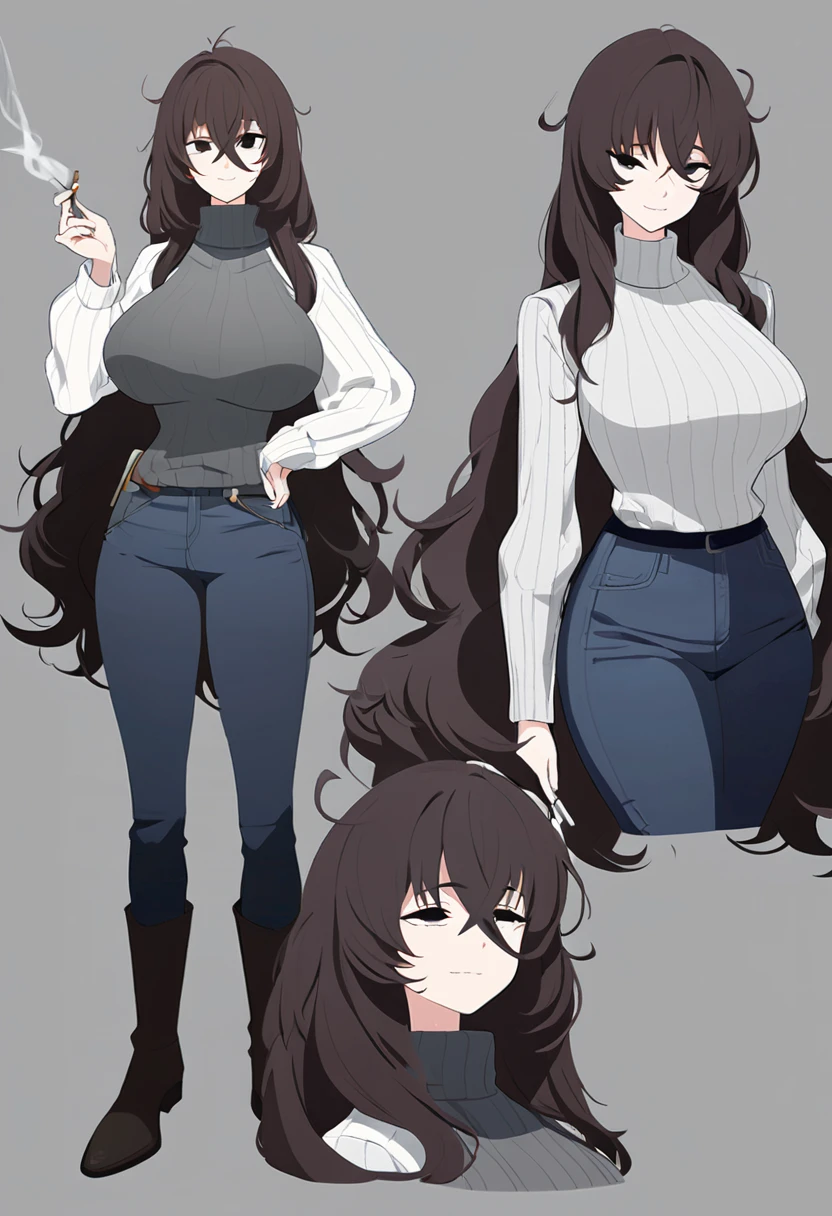 One Woman,Downer,older sister,Concept Art,Dark brown hair,Straight hair with slight inward curls,Staring eyes,Eye Ridge,black eye,Crossed bangs,whole body,smile,Larger breasts,Gray background,Bangs that reach down to the eyes,Messy hair,Tight dark jeans,Gray turtleneck sweater,Multiple views of the same character,Character Design,Dark circles under the eyes,Bad look,Listless,Sloppy,Silver Jewelry,Cafe staff,Holding a cigarette,whole bodyCharacter Design,Detailed hands,Height: 170cm,boots,Fleshy body,
