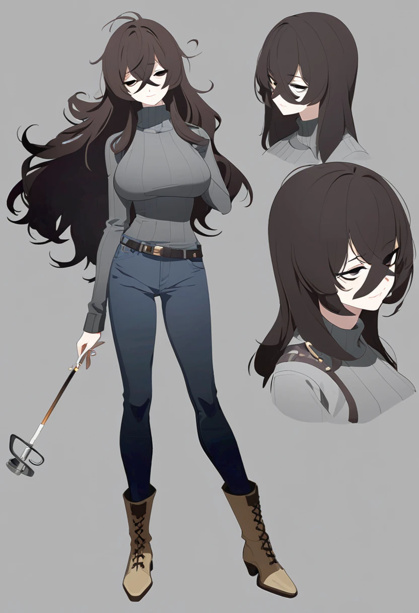 One Woman,Downer,older sister,Concept Art,Dark brown hair,Straight hair with slight inward curls,Staring eyes,Eye Ridge,black eye,Crossed bangs,whole body,smile,Larger breasts,Gray background,Bangs that reach down to the eyes,Messy hair,Tight dark jeans,Gray turtleneck sweater,Multiple views of the same character,Character Design,Dark circles under the eyes,Bad look,Listless,Sloppy,Silver Jewelry,Cafe staff,Holding a cigarette,whole bodyCharacter Design,Detailed hands,Height: 170cm,boots,Fleshy body,