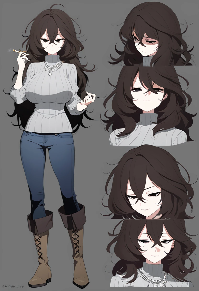 One Woman,Downer,older sister,Concept Art,Dark brown hair,Straight hair with slight inward curls,Staring eyes,Eye Ridge,black eye,Crossed bangs,whole body,smile,Larger breasts,Gray background,Bangs that reach down to the eyes,Messy hair,Tight dark jeans,Gray turtleneck sweater,Multiple views of the same character,Character Design,Dark circles under the eyes,Bad look,Listless,Sloppy,Silver Jewelry,Cafe staff,Holding a cigarette,whole bodyCharacter Design,Detailed hands,Height: 170cm,boots,Fleshy body,