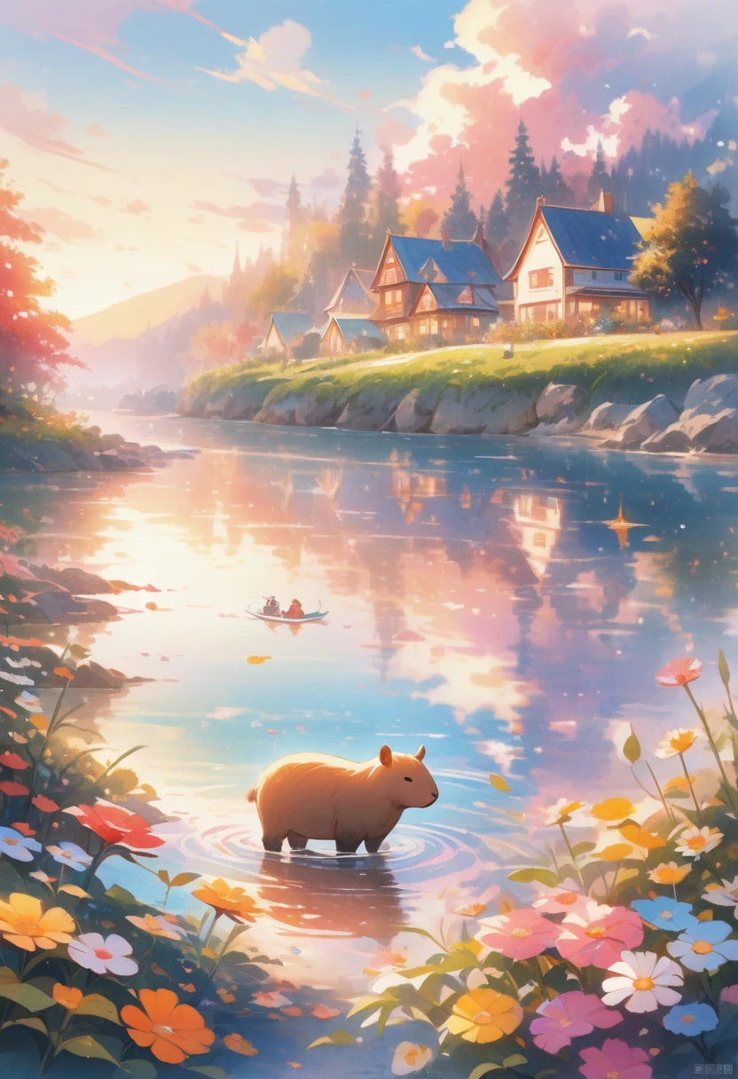 Capybara, Lonely, Waterfront, Relaxed facial expression, Fluffy fur, Rich natural environment, Sunset and soft light, Flowers and plants, Rocks and Roots, Insects and small animals, Reflection on the surface of the water, Serene landscape, Water spray, Peaceful and relaxed life, masterpiece), (Highest quality), (Very detailed), Disorganized, intricate and detailed, Absolute Resolution, Ridiculous, High resolution, texture,
