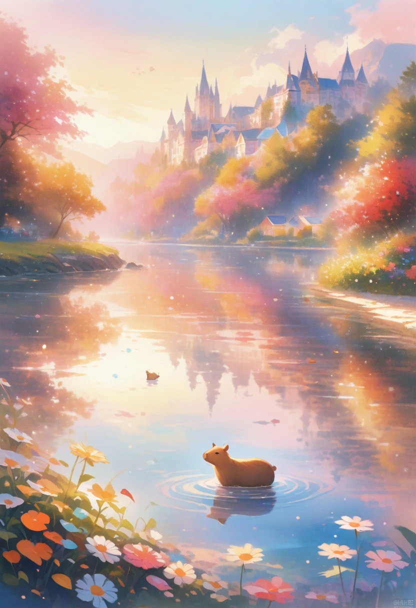 Capybara, Lonely, Waterfront, Relaxed facial expression, Fluffy fur, Rich natural environment, Sunset and soft light, Flowers and plants, Rocks and Roots, Insects and small animals, Reflection on the surface of the water, Serene landscape, Water spray, Peaceful and relaxed life, masterpiece), (Highest quality), (Very detailed), Disorganized, intricate and detailed, Absolute Resolution, Ridiculous, High resolution, texture,