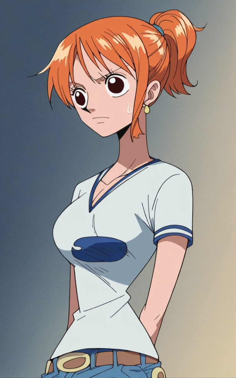 score_9, score_8_up, score_7_up, source_anime, anime_style, 2d, nami, one piece nami, 1girl, solo, large breasts, shirts,  short hair, ponytail,  cowboyshot,  