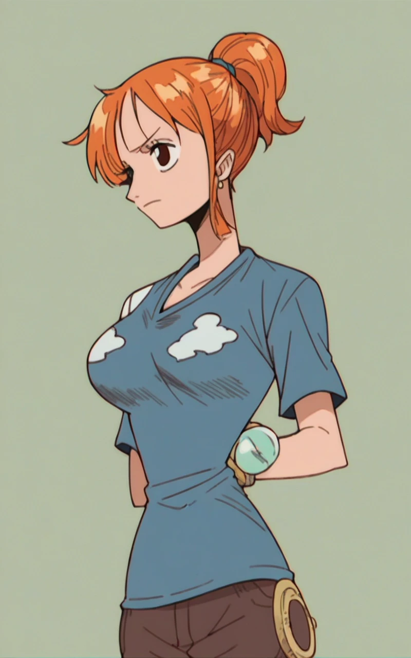 score_9, score_8_up, score_7_up, source_anime, anime_style, 2d, nami, one piece nami, 1girl, solo, large breasts, shirts,  short hair, ponytail,  cowboyshot,  