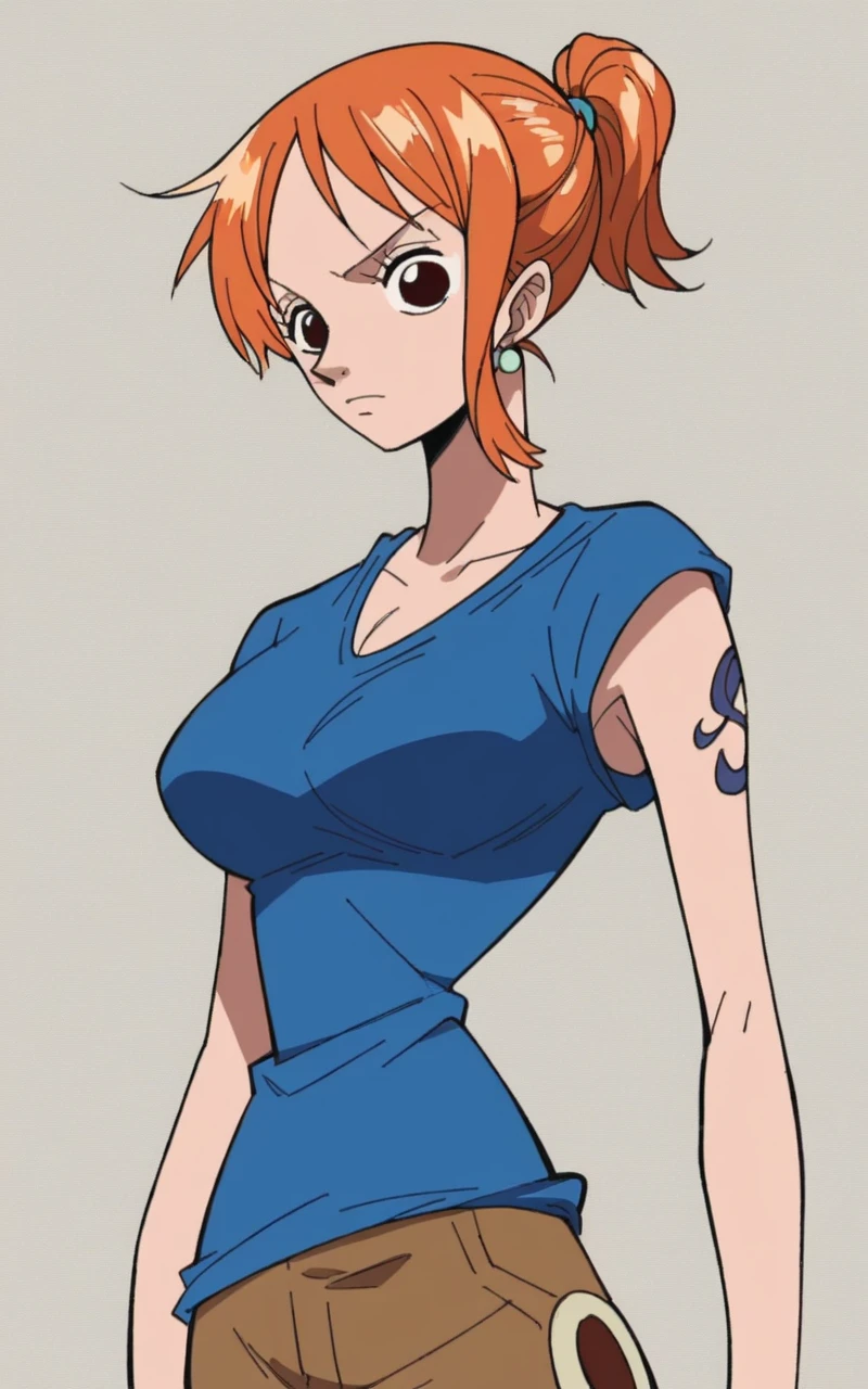 score_9, score_8_up, score_7_up, source_anime, anime_style, 2d, nami, one piece nami, 1girl, solo, large breasts, shirts,  short hair, ponytail,  cowboyshot,  