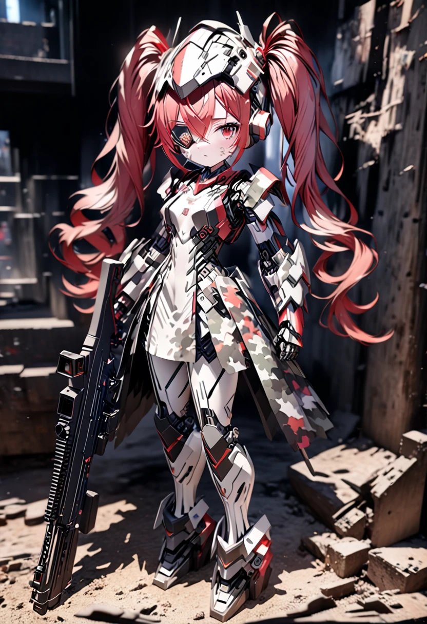 3D digital art from the fantasy world, 1girl, robot girl, red hair, twin tails, red eyes, white and gray camouflage clothing, she wearing flashy robot armor, (holding an urban camouflage long range rifle:1.5), a robot-like helmet on the head, scouter in one eye, the skin on half of the face has peeled off, the base of the cyborg is visible, face full of scars,(full body view),High resolution, high precision images, 4k, 8k, best quality, hyper-detailed, intricate details, cinematic lighting, dramatic colors, concept art style