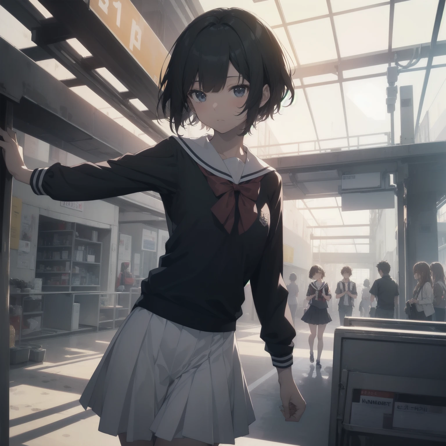 ultra-absurdres-Top quality by artist God, ultra-detailed, high resolution, anime moe artstyle, best anime 8k konachan wallpaper, pixiv contest winner, pool:2810, perfect anatomy,break, 1girl, (Please draw a girl walking sleepily to school alone. )break,(Solo,little female, 13-year-old:1.3),Full limbs, complete fingers,a junior high school student, (very short hair), short cut, flat chest, , small butt, small black eyes, beautiful detailed eyes, well-proportioned iris and pupils, expressive eyes, highres detailed hair, soft expression, salor school_uniform, sailor collar, serahuku, bow, pleated skirt,(Detailed Lighting), (Detailed background), in the School commute route. break,super detailed skin, Best cinematic lighting powered by famous artist, 8k,beauty illustration,photoshop_(medium),very aesthetic,break,((artist:takafumi )), artist:clamp ,artist:carnelian ,artist:kantoku ,