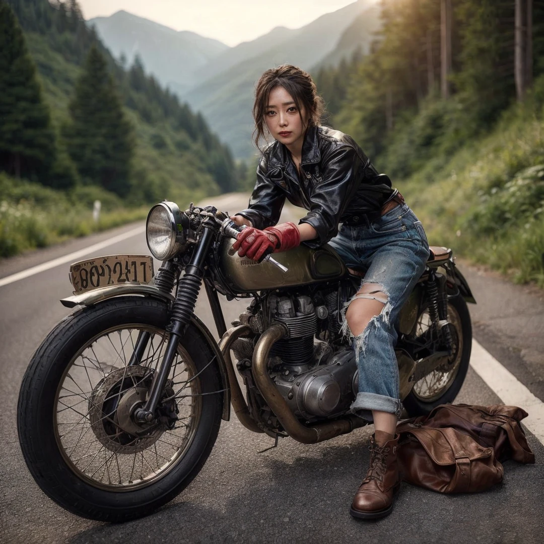 1950s, cafe racer, Japanese woman, riders wear, beautiful face, torn pants, very intricate details, metallic paint, single road in wilderness, realistic photo, taken with Fuji film X-T30+Nokton. HDR10