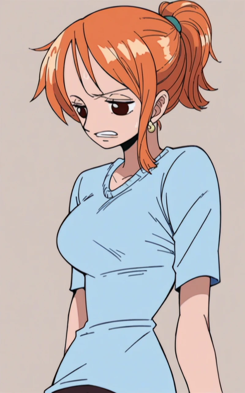 Nami doing titfuck on gesugao, White tank top, Orange short hair, Guess face, smile, crazy Smile, 勝ち誇ったsmile, Squeezing my dick between her big tits, Her body is thin and delicate like an , but her breasts are large., Sweaty, crazy Smile, Firm and shiny big breasts, pupils are small, Sweat dripping from the lower breast, Titty fucking while laughing, In the ship, Dark cabin, Unlit room, midnight