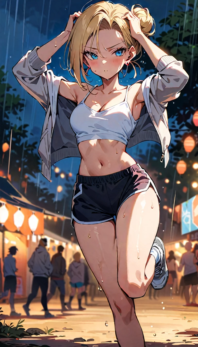 (masterpiece, best quality:1.2), full body, solo, Android 18 from Dragon Ball, ((white slip-on crop top)), ((black dolphin shorts)), (black hooded crop jacket), thighs, midriff, small breasts, sweat, blonde hair, (single hair bun), ((blue eyes)), earrings on earlobes, slender feminine figure, narrow waistline, skinny body, long legs, running, rain, wet, sweating, cleavage, off shoulder, magnificent view, blur background, 4K, arms up, light blush, breath, gray new balance sneakers, outdoors, hands on own head, Music Festival