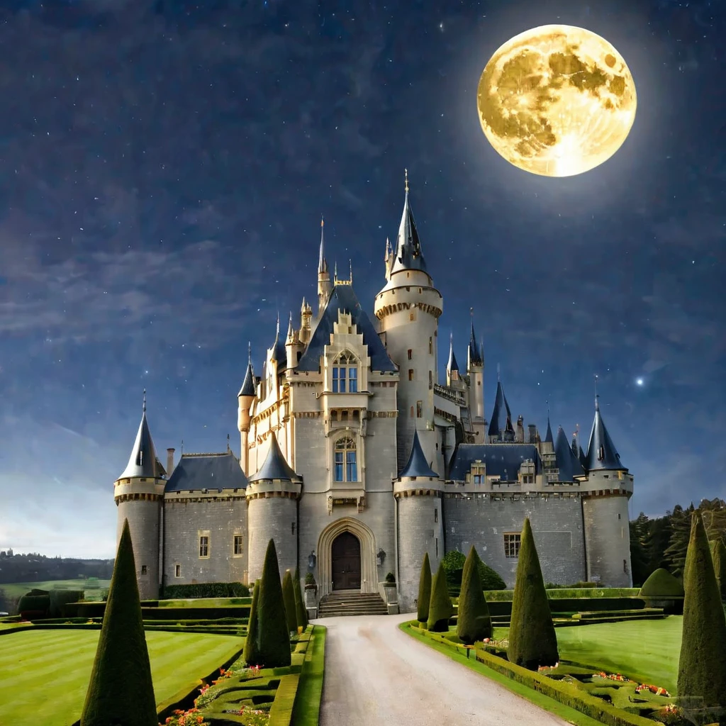 Create a stunning image of a grand castle under a night sky with a bright full moon. The castle should have an illuminated facade, with warm yellow lights highlighting its stone architecture. The structure should feature multiple chimneys, pointed roofs, and a central tower, reflecting an old-world charm. In front of the castle, include a circular driveway with a centerpiece statue, and neatly trimmed gardens with geometrically shaped hedges and trees lining the pathway. The expansive lawn should be well-maintained, leading up to the castle's entrance. The surrounding landscape should feature tall trees, creating a serene and picturesque setting. The overall ambiance should be tranquil and magical, emphasizing the contrast between the deep blue night sky and the warm glow of the castle.
