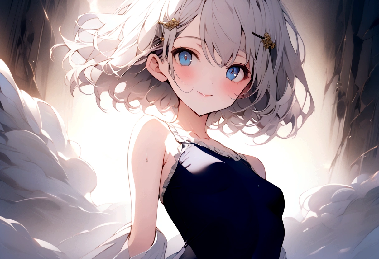 beautiful, masterpiece, Highest quality, anime, One girl, C Cup,Portrait Shot, View your viewers, Intricate details,>,((Covered、Short Hair、nearby、Blue Eyes、art、White hair,Blue streaked hair、wallpaper、hairpin、smile、silk_White frilly school swimsuit、Wet、whole body