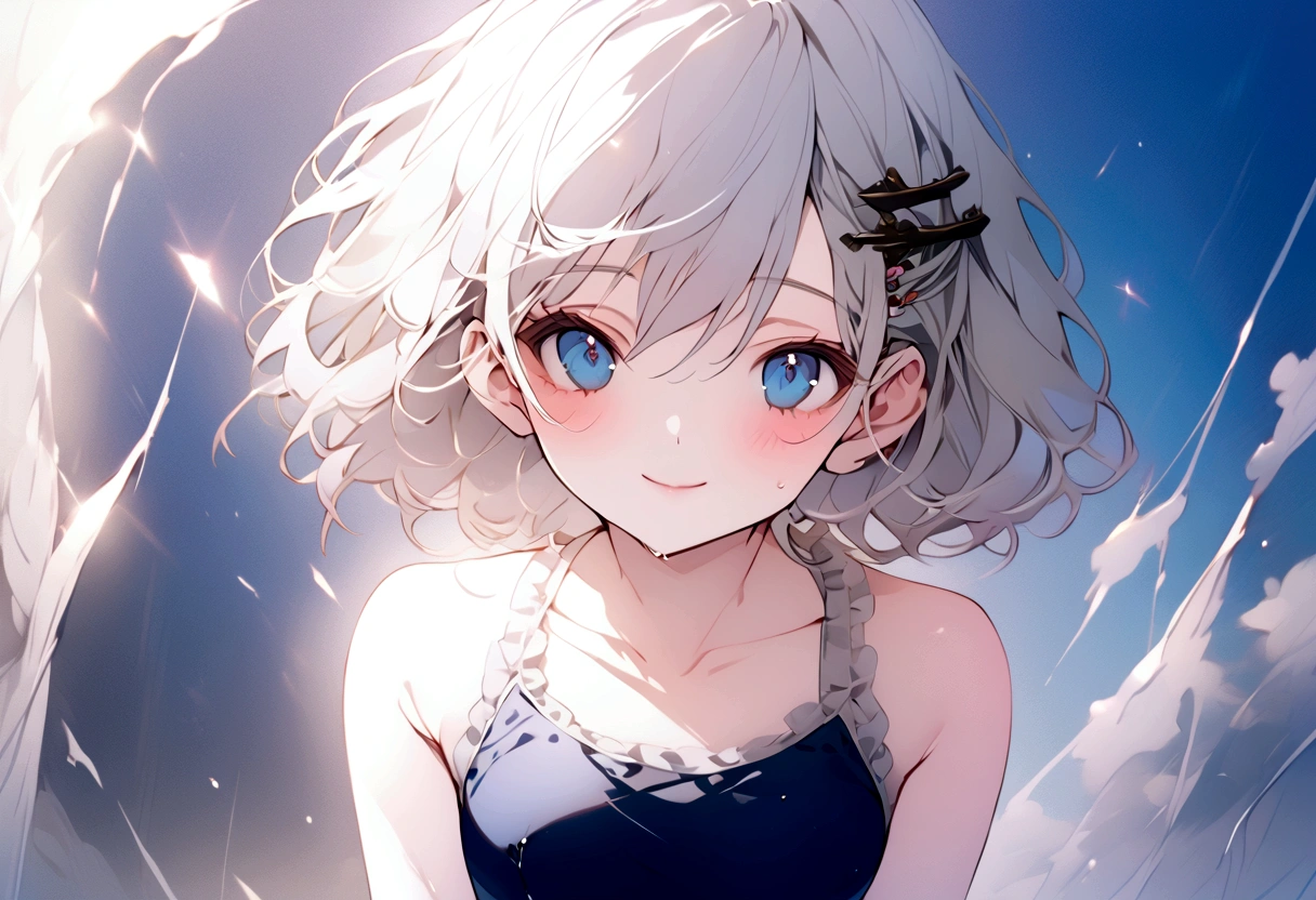 beautiful, masterpiece, Highest quality, anime, One girl, C Cup,Portrait Shot, View your viewers, Intricate details,>,((Covered、Short Hair、nearby、Blue Eyes、art、White hair,Blue streaked hair、wallpaper、hairpin、smile、silk_White frilly school swimsuit、Wet、whole body