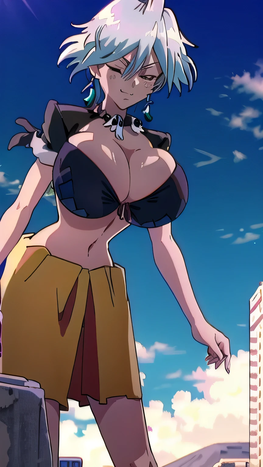 gigantic breasts,bursting breasts,cleavage cutout,cute smile,shy,one eye closed,cosplay as Mii giantess,walk around city ,masterpiece, best quality, 1girl, mii, blonde hair, short hair, blue eyes, earrings, necklace, dark skin, bikini, large breasts, cleavage, upper body, smile, sketch, looking at viewer, simple background, retro artstyle, 1980s \(style\), 1990s \(style\),man in between breasts