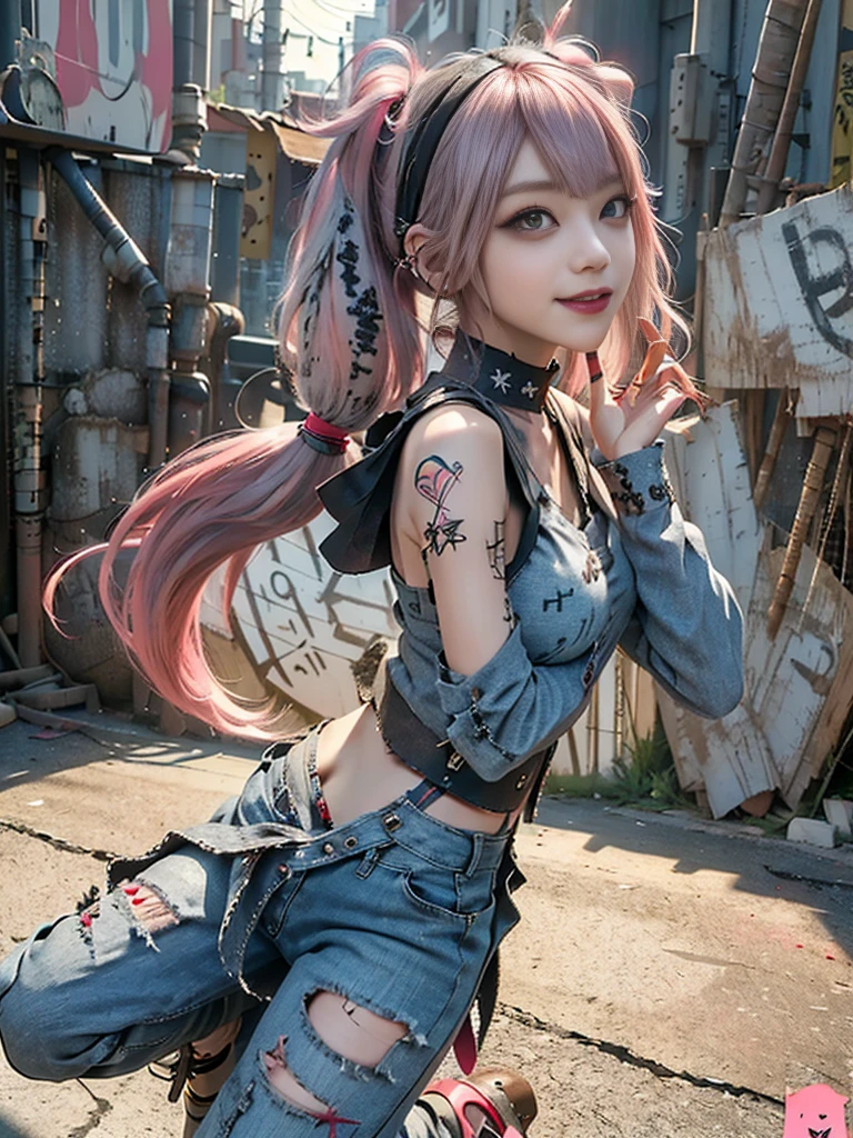 (Full Body View:1.1)、(Side view:1.0)、(Beautiful face:1.3)、(Smiling with teeth showing:1.3),(Shibuya Gal:1.5)、(Beverly Hills Whore:1.4)、(Neo-goth fashion:1.5)、(Punk RockVisual Kei:1.4)、(Modern magenta and red Barong:1.5)、(Tattered brown and charcoal denim bugle pants:1.5)、(Mustard Yellow Headband:1.3)、(Charcoal and khaki high heels:1.4)、collar、(We sell patterned underwear with logos.:1.4)、、NSFW,((Highest quality、In 8K、masterpiece:1.3))、Sharp focus:1.2、(Layered Cut、Huge boobs:1.1),Beautiful woman with perfect figure:1.4、(Open legs:1.3)、(Raise your arms:1.2)、(Open your crotch:1.3)、Slender Abs:1.2、Butt、Highly detailed face and skin texture、Detailed eyes、double eyelid,(Bob Hair:1.3)、(Pink Hair:1.3)、Dynamic Pose、Obscene pose、Humiliating pose、Gravure idol、(luxury fashion show stage:1.3)、(Make your legs thinner:1.4)、(Slim body:1.3)、(clavicle:1.1)