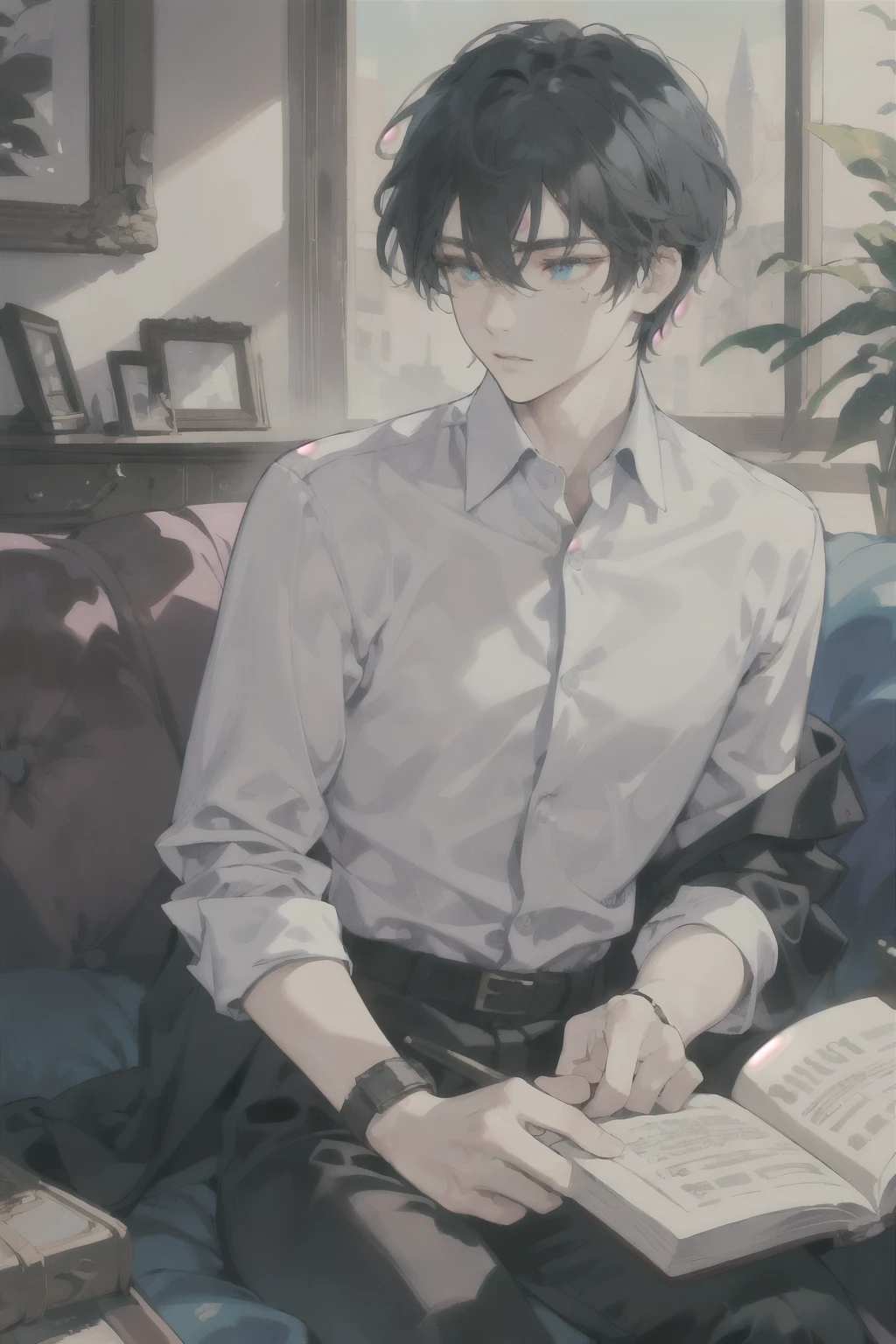 masterpiece, best quality, ultra detailed, (solo man), (male focus), ((Oblong face)), ((Square jawline)), black hair, ((hairs between eyes)), ((shoulder length)), ((narrow blue eye)), fair skin, skinny body, beauty mark, {uniform, outfit, clothes}, dress shirt, watch, sitting on sofa, read a book, ((looking away))