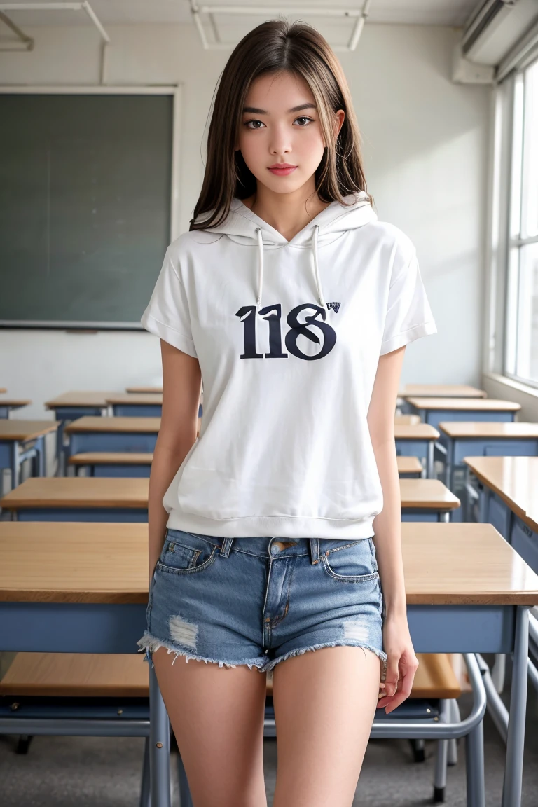 (best quality,realistic,ultra-detailed),a sexy and slim 18-year-old French brunette woman in white short sleeve hoodie, visible leg,classroom,short en jean