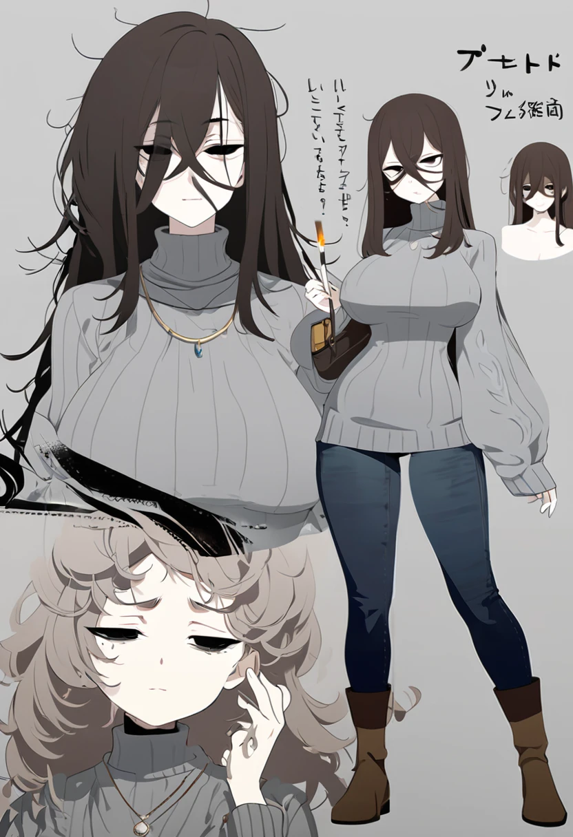 One Woman,Downer,older sister,Concept Art,Dark brown hair,Straight hair with slight inward curls,Staring eyes,Eye Ridge,black eye,Crossed bangs,whole body,smile,Larger breasts,Gray background,Bangs that reach down to the eyes,Messy hair,Tight dark jeans,Gray turtleneck sweater,Multiple views of the same character,Character Design,Dark circles under the eyes,Bad look,Listless,Sloppy,Silver Jewelry,Cafe staff,Holding a cigarette,whole bodyCharacter Design,Detailed hands,Height: 170cm,boots,Fleshy body,