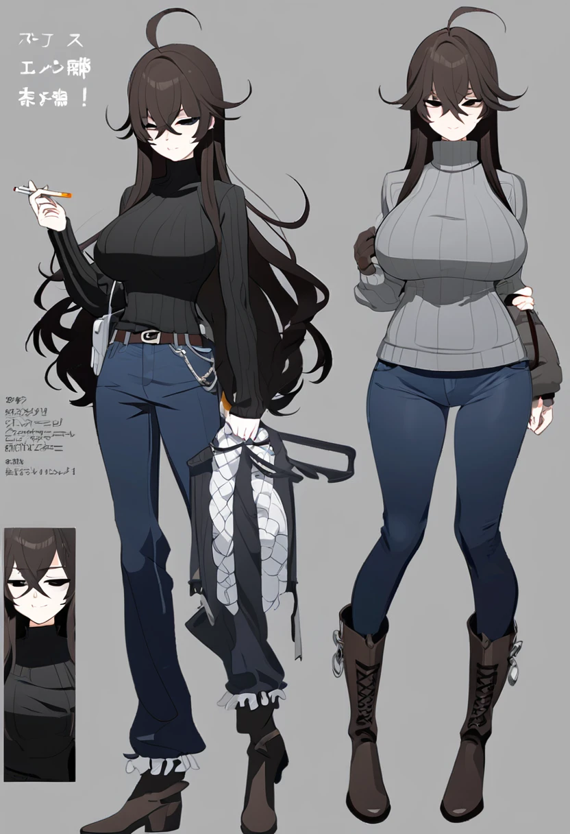 One Woman,Downer,older sister,Concept Art,Dark brown hair,Straight hair with slight inward curls,Staring eyes,Eye Ridge,black eye,Crossed bangs,whole body,smile,Larger breasts,Gray background,Bangs that reach down to the eyes,Messy hair,Tight dark jeans,Gray turtleneck sweater,Multiple views of the same character,Character Design,Dark circles under the eyes,Bad look,Listless,Sloppy,Silver Jewelry,Cafe staff,Holding a cigarette,whole bodyCharacter Design,Detailed hands,Height: 170cm,boots,Fleshy body,