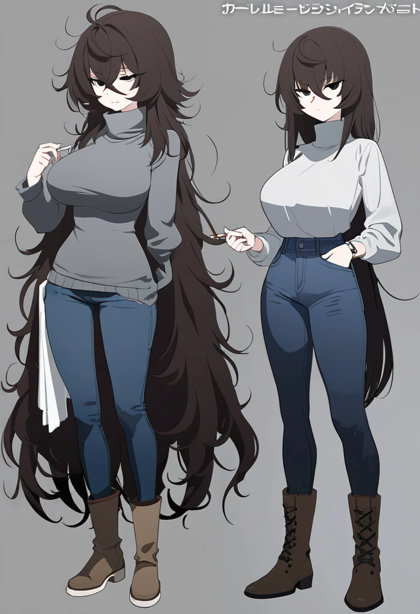 One Woman,Downer,older sister,Concept Art,Dark brown hair,Straight hair with slight inward curls,Staring eyes,Eye Ridge,black eye,Crossed bangs,whole body,smile,Larger breasts,Gray background,Bangs that reach down to the eyes,Messy hair,Tight dark jeans,Gray turtleneck sweater,Multiple views of the same character,Character Design,Dark circles under the eyes,Bad look,Listless,Sloppy,Silver Jewelry,Cafe staff,Holding a cigarette,whole bodyCharacter Design,Detailed hands,Height: 170cm,boots,Fleshy body,