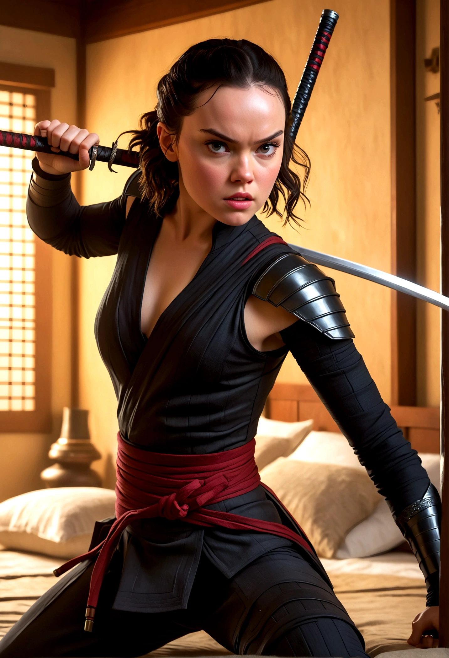 A young woman, Daisy Ridley, age 25, wearing a sexy ninja outfit, dramatic pose, ninja weapons, sneaking up on her target in his bedroom, full body visible, high quality, detailed, photorealistic, masterpiece, ultra-detailed, sharp focus, vivid colors, dramatic lighting, cinematic, fantasy, concept art