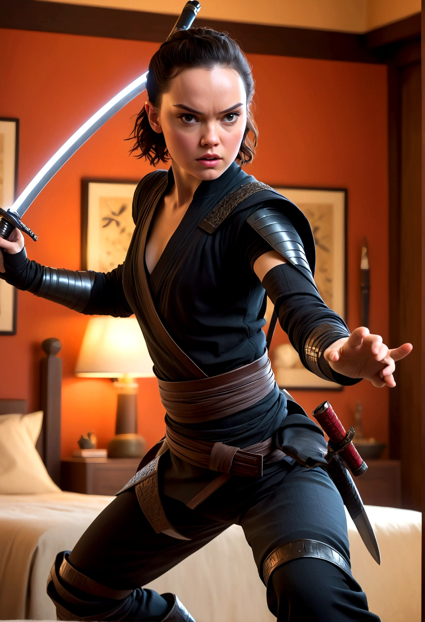 A young woman, Daisy Ridley, age 25, wearing a sexy ninja outfit, dramatic pose, ninja weapons, sneaking up on her target in his bedroom, full body visible, high quality, detailed, photorealistic, masterpiece, ultra-detailed, sharp focus, vivid colors, dramatic lighting, cinematic, fantasy, concept art