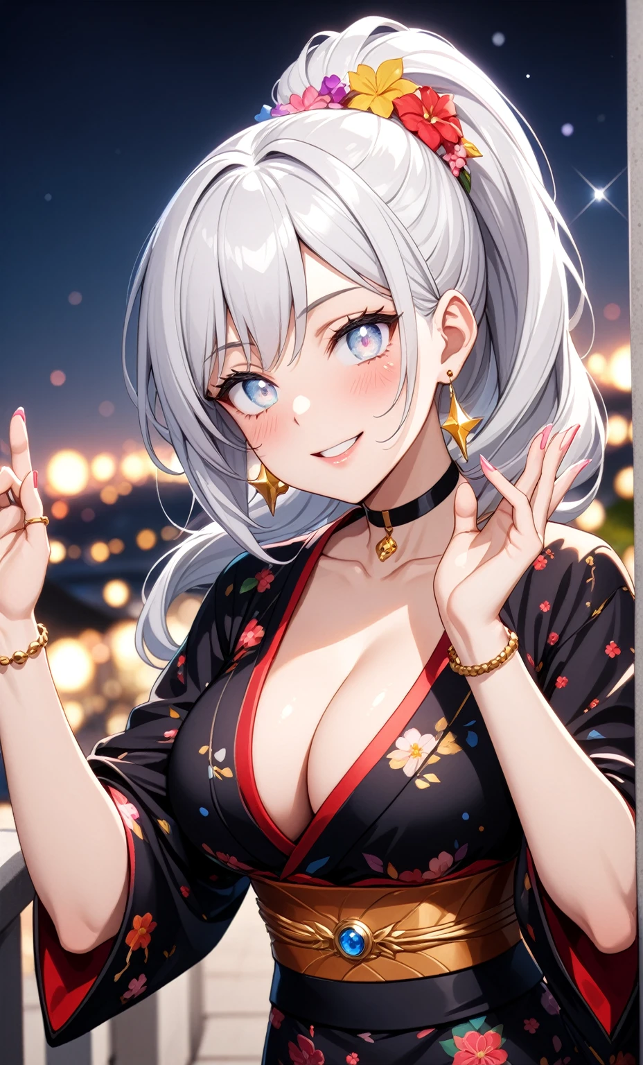 ((One personの女性)), Beautiful Face,Laughing shyly,((Wink:2.0)),Laugh with your mouth wide open((Bright red cheeks:1.4)),Glossy pink lips,night,rooftop,Festive decorations,You can see the ocean, firework,Laughing with your mouth open,Glossy pink lips,Lighting on the face,((Anime style background)),masterpiece, Highest quality, so beautiful,Latest, Complex details, (Pink long nails),(ring),(bracelet),(choker),AI-generated, Complex,High resolution, Highest quality, super high quality,3D Images、View your viewers、3D Images,One person,Long white hair,High Ponytail,(blue eyes),Anime woman posing for a photo, ((Fine grain、Silvery white colorful eyes、Shining Eyes:1.4)),(Squint your eyes:1.1),a hyperRealistic , hyperRealistic , Realistic,Anime woman with long and white hair, Smooth anime CG art, A woman in a colorful kimono with gold embroidery, (Black long sleeve kimono),Red floral pattern,Long flower hair ornament,Big earrings,Mature Body,(Big Breasts:1.1),Tall,Abdominal muscles,Narrow waist,(Zoom in on face:2.0),(Shooting from an angle:1.5),(Tilt the angle:1.3),