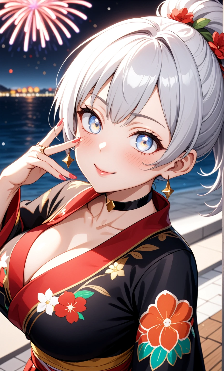 ((One personの女性)), Beautiful Face,Laughing shyly,((Wink:2.0)),Laugh with your mouth wide open((Bright red cheeks:1.4)),Glossy pink lips,night,rooftop,Festive decorations,You can see the ocean, firework,Laughing with your mouth open,Glossy pink lips,Lighting on the face,((Anime style background)),masterpiece, Highest quality, so beautiful,Latest, Complex details, (Pink long nails),(ring),(bracelet),(choker),AI-generated, Complex,High resolution, Highest quality, super high quality,3D Images、View your viewers、3D Images,One person,Long white hair,High Ponytail,(blue eyes),Anime woman posing for a photo, ((Fine grain、Silvery white colorful eyes、Shining Eyes:1.4)),(Squint your eyes:1.1),a hyperRealistic , hyperRealistic , Realistic,Anime woman with long and white hair, Smooth anime CG art, A woman in a colorful kimono with gold embroidery, (Black long sleeve kimono),Red floral pattern,Long flower hair ornament,Big earrings,Mature Body,(Big Breasts:1.1),Tall,Abdominal muscles,Narrow waist,(Zoom in on face:2.0),(Shooting from an angle:1.5),(Tilt the angle:1.3),