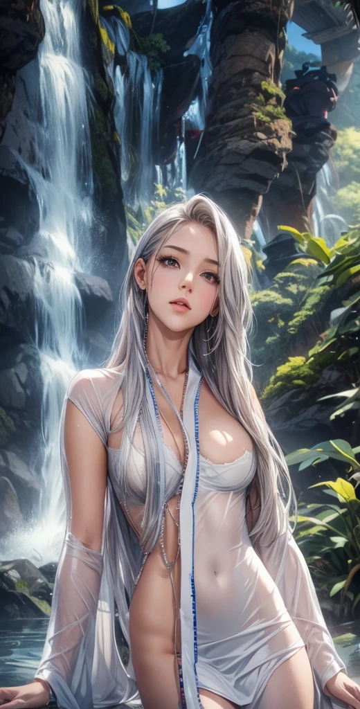 waterfall、Her white kimono is wet and transparent、waterfall修行、cute、40 year old Japanese woman、Silver Hair、長い髪のSilver Hair、My hair is wet too、waterfallに打たれて濡れている、The lines of your body are visible when wet、The kimono is a plain white one.、The kimono is all white、The kimono has no pattern.、The clothes get wet and stick to the body.、White robes、