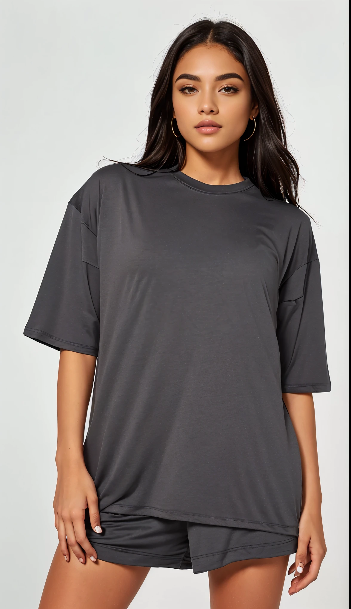 uma mulher vestindo uma camisa preta e shorts com uma blusa preta, vestindo uma camiseta preta, vestindo uma camiseta preta, vestindo camiseta preta, camiseta preta, camisa cinza, superdimensionado, black superdimensionado clothes, Roupa casual, vestindo uma camiseta, com ombreiras, vestindo uma camiseta e combate, vestindo uma camiseta muscular, modern Roupa casual