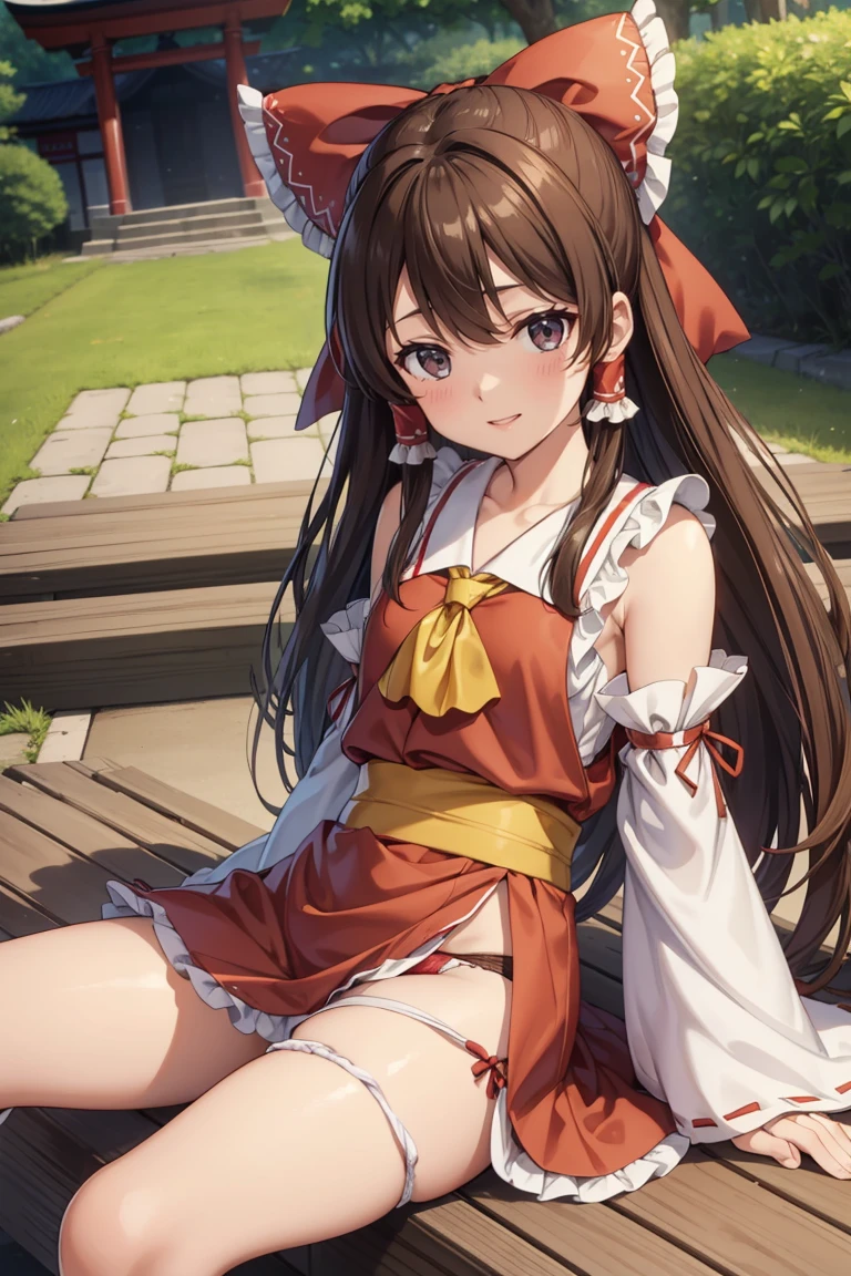 reimu hakurei, (Brown eyes:1.5), Brown Hair, bow, hair bow, Hair Tube, Long Hair, red bow, Side Lock,
Blake Ascot, Bare shoulders,Removable sleeves, embellished costume, Frills, kimono, Non-traditional Shrine Maiden, Red Skirt, Sandals, sarashi, mini skirt, socks, White sleeves, white socks, Wide sleeves,Bed、lie down、((Panty shot、Cute Panties))、(((Open your legs wide)))
BREAK Watch Viewers,blush、Surprise face、
Outdoor rest, shrine,Cowboy Shot,Smile Break (masterpiece:1.2), Highest quality, High resolution, unity 8k wallpaper, (figure:0.8), (Beautiful attention to detail), Highly detailed face, Perfect lighting, Highly detailed CG, (Perfect hands, Perfect ???????),Dynamic pose,