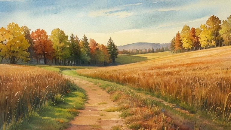 A field with lots of tall grass,Watercolor painting,At dusk in autumn,watercolor landscape painting
