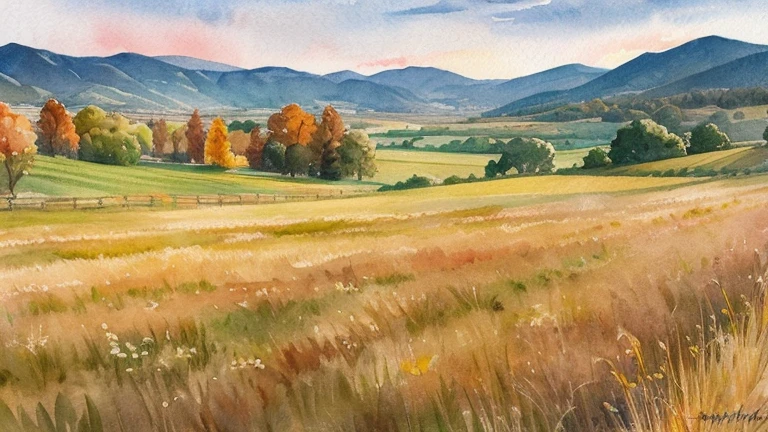 A field with lots of tall grass,Watercolor painting,At dusk in autumn,watercolor landscape painting