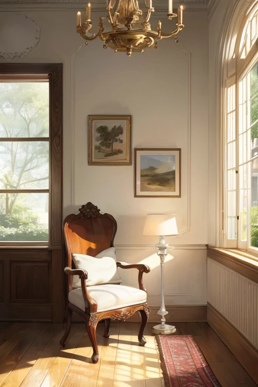 Scene Description: The scene unfolds in a harmoniously lit room, where the walls display a gentle cream hue. In the heart of this tranquil space, a humble wooden chair, meticulously crafted from mahogany, occupies the foreground. The chair sits comfortably atop a soft rug, its natural wooden texture softened by the warm, neutral surrounding tones. The sunlight filters in through the window, illuminating the chair's clean lines and elegant features.

Perched gracefully on the backrest of the chair, a lively parakeet catches the eye, its vivid plumage a striking contrast against the woodgrain. Its wings are folded neatly