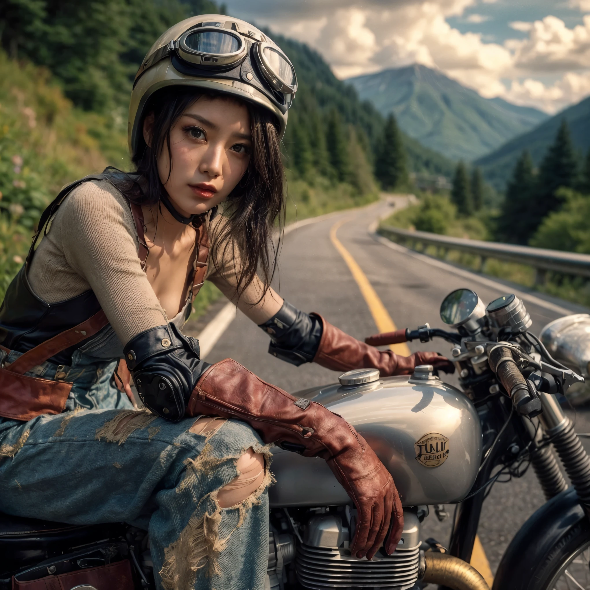 1950s, cafe racer, Japanese woman, riders wear, beautiful face, torn pants, very intricate details, metallic paint, single road in wilderness, realistic photo, taken with Fuji film X-T30+Nokton. HDR10