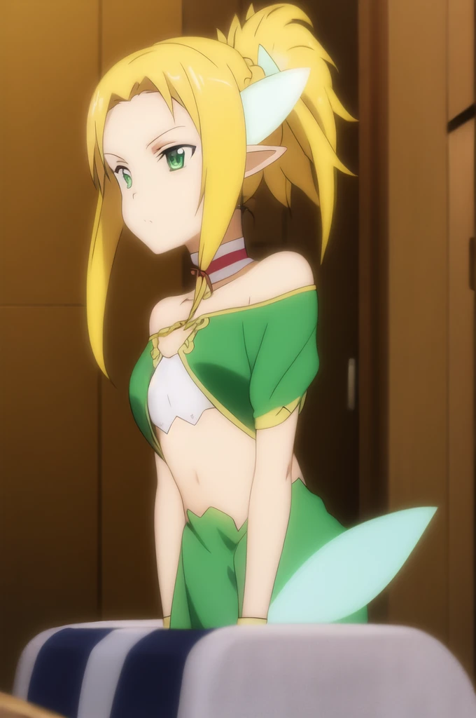 salary, Anime art style, One girl, alone, length_hair, chest, blonde_hair, chestの谷間, Moderate_chest, green_eye, upper_body, ponytail, Braiding, choker, pointed_ear, twin_Braidings, Fairy, ~ side_Braiding