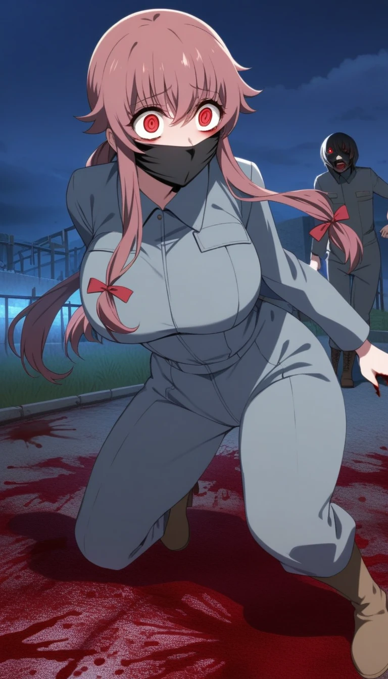 Yuno gasai, (large breasts), dark grey boiler suit, boots, yandere, crazy, wearing a black face mask, crazy eyes, red eyes, night, outdoors, blood, blood splatter,