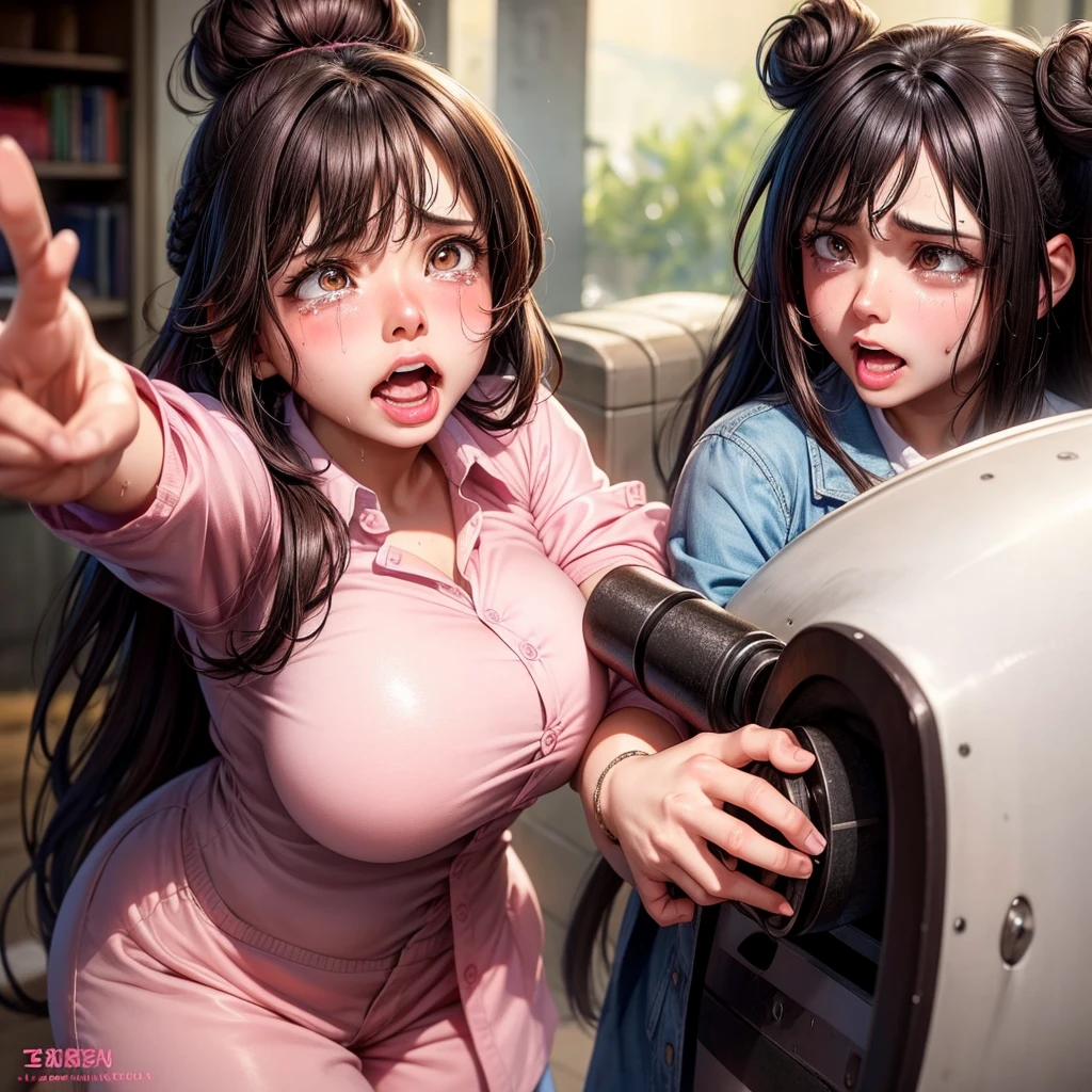 / Brown eyes, long dark hair, / big tits / Crying face、Seeding press、Open mouth, Screaming, Ahegao, Heavy breathing, blush, Sweat, Multicolor Hair, Hair bun, Shiny Pink Blazer